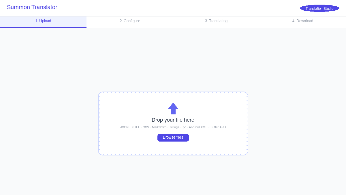 30-second walkthrough: upload a file, choose languages and model, see the cost preview, then download translated files